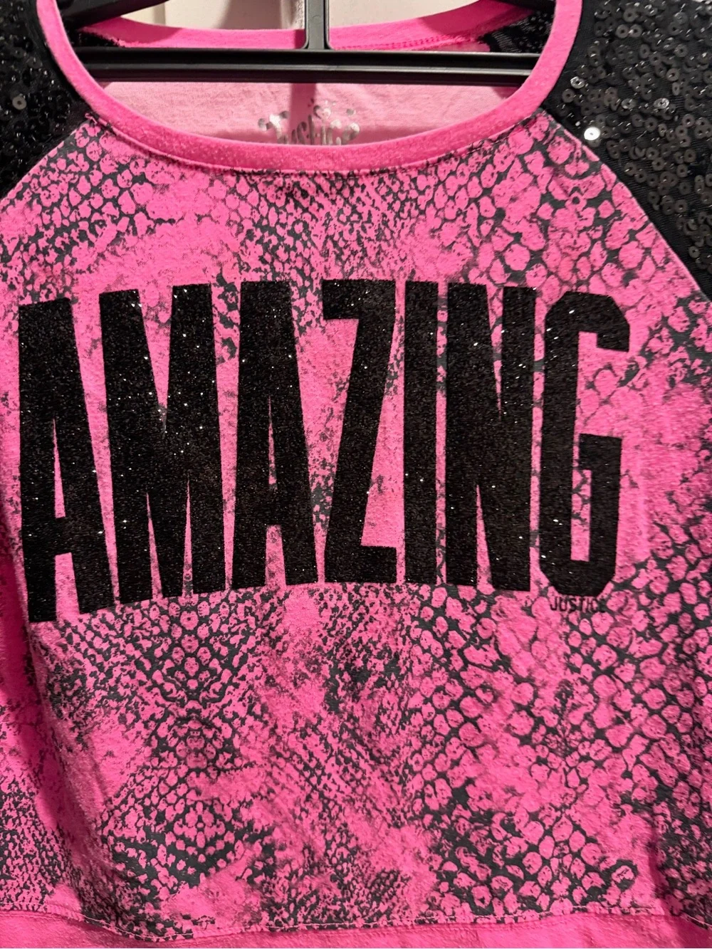 Justice Pink & Black 'AMAZING' Sequin Sleeve Long Sleeve Tee